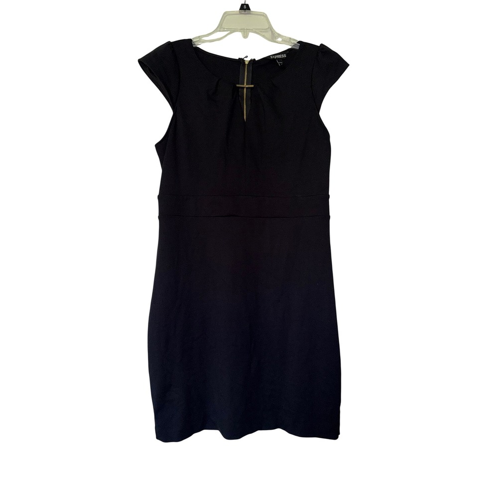 Express Black Cap Sleeve Sheath Dress Gold Front Zip Accent Size Small‎